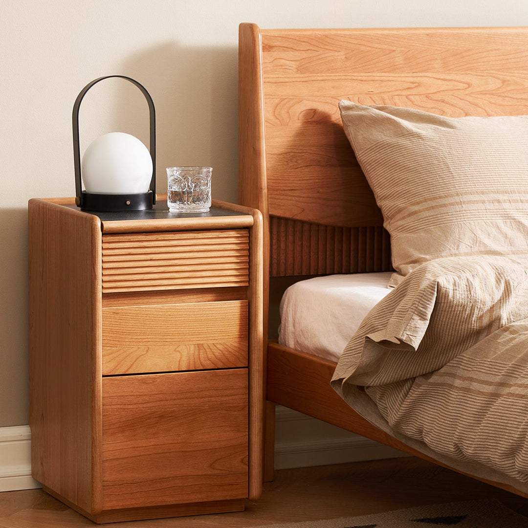 Scandinavian cherry wood side table auria in panoramic view.