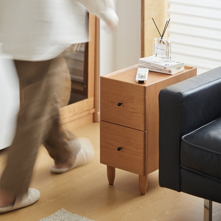 Scandinavian cherry wood side table cabo in panoramic view.