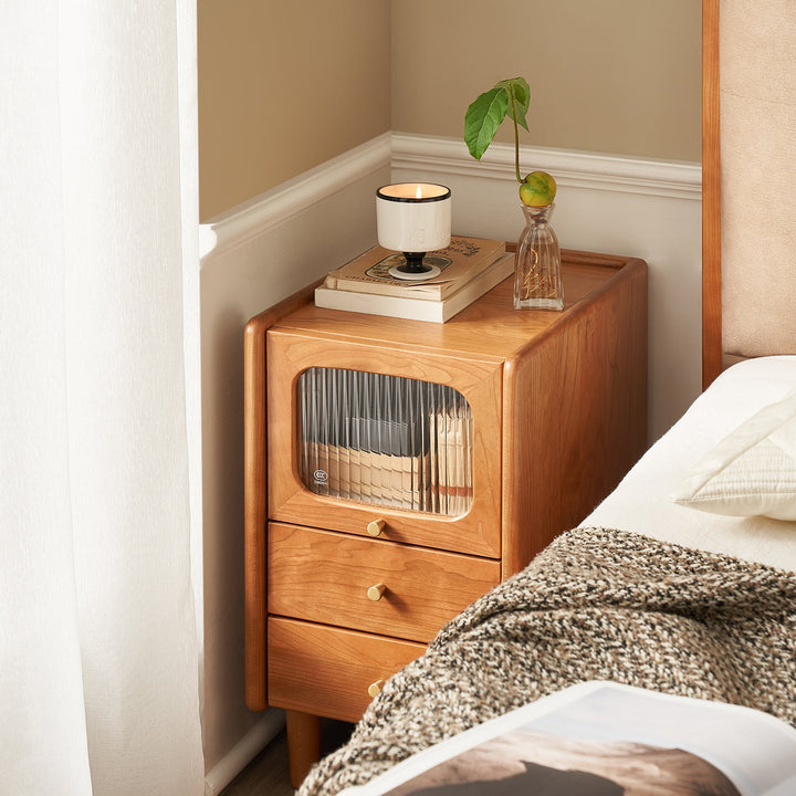 Scandinavian cherry wood side table skylar in panoramic view.