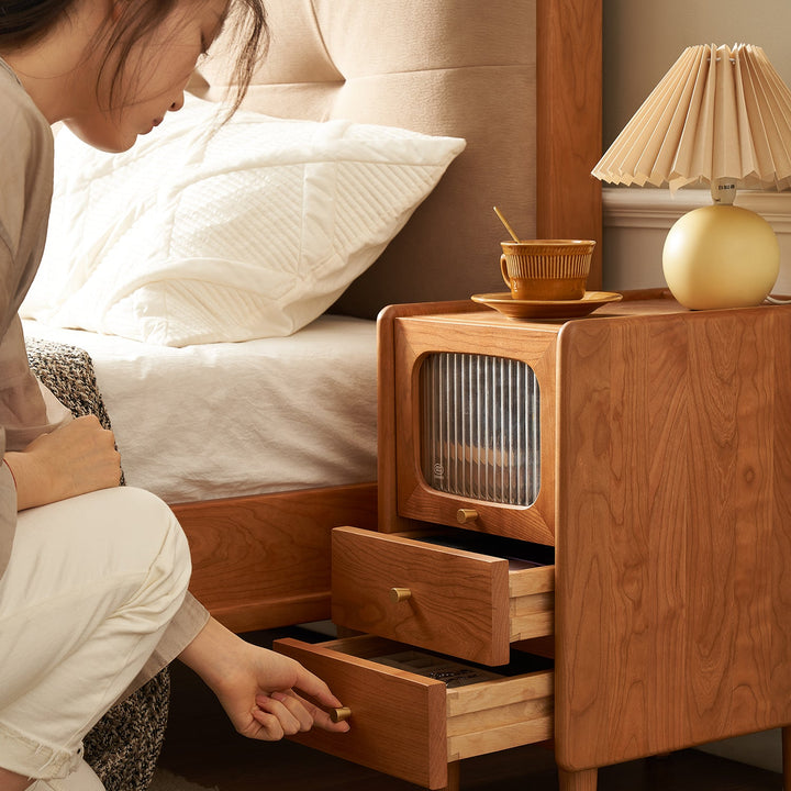 Scandinavian cherry wood side table skylar material variants.