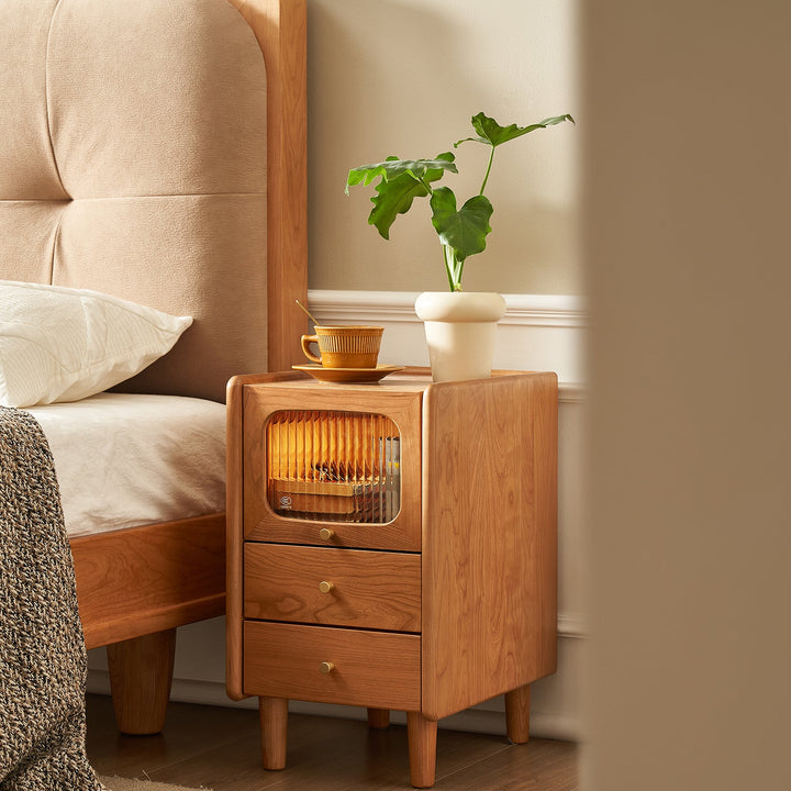 Scandinavian cherry wood side table skylar in real life style.