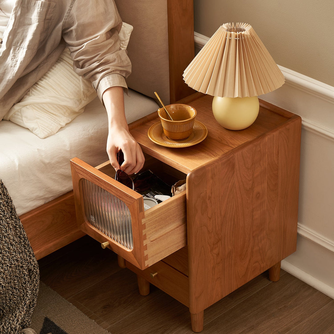 Scandinavian cherry wood side table skylar with context.