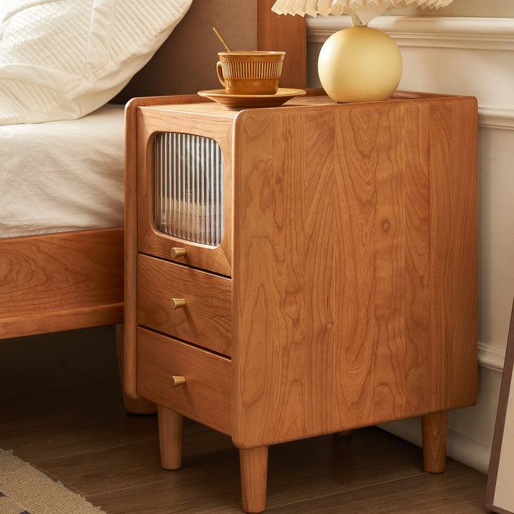 Scandinavian cherry wood side table skylar in details.