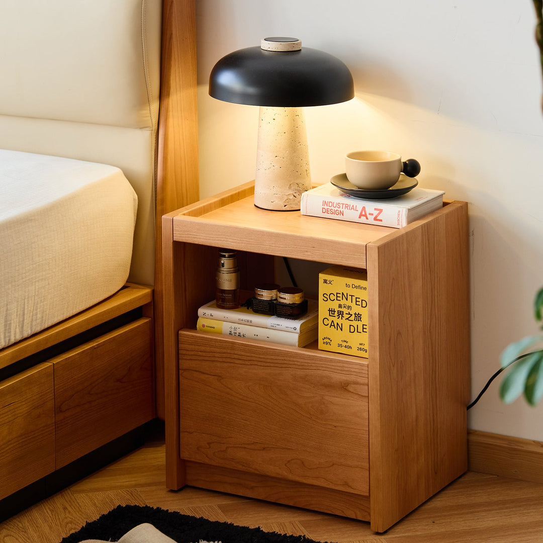 Scandinavian cherry wood side table sugar primary product view.