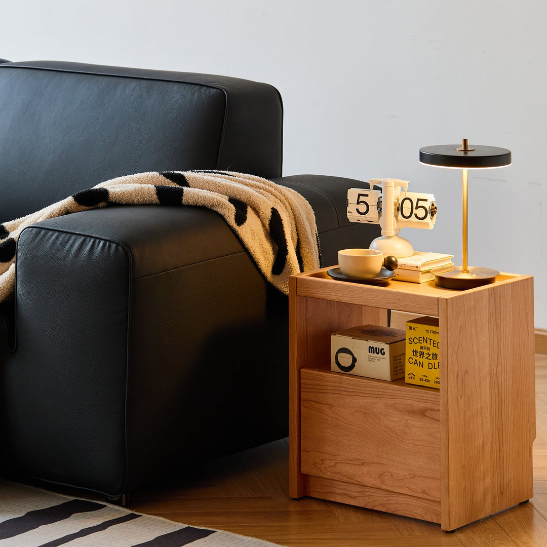 Scandinavian cherry wood side table sugar in still life.