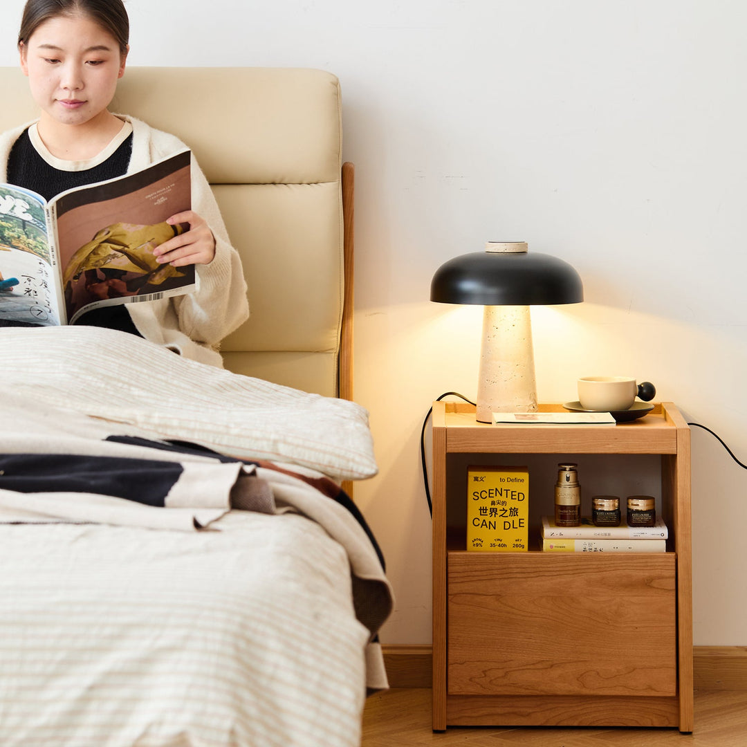 Scandinavian cherry wood side table sugar size charts.