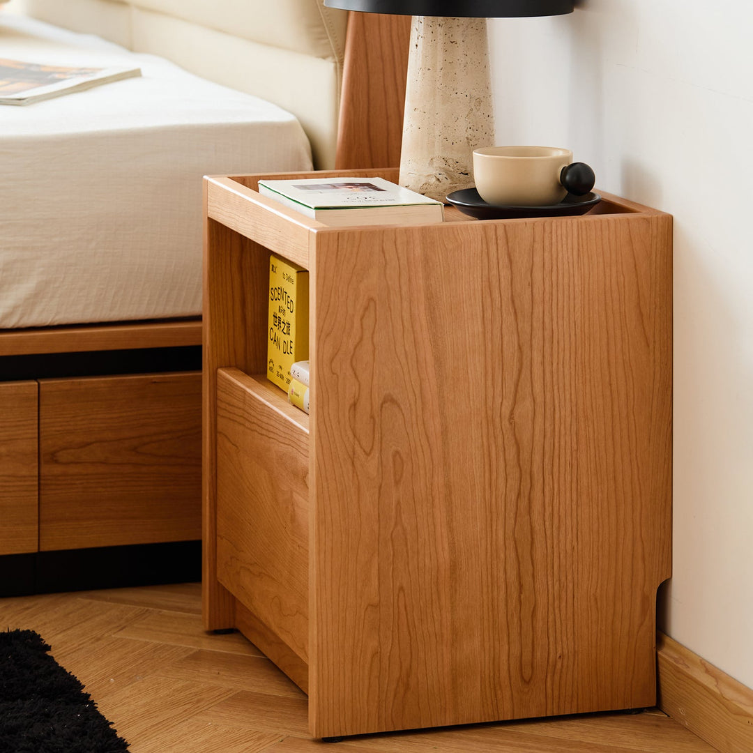 Scandinavian cherry wood side table sugar in close up details.