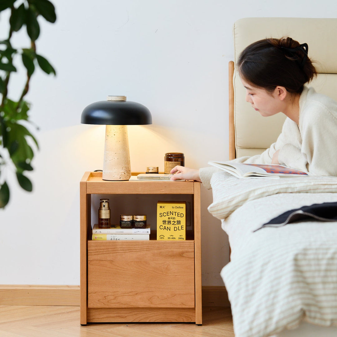 Scandinavian cherry wood side table sugar in panoramic view.