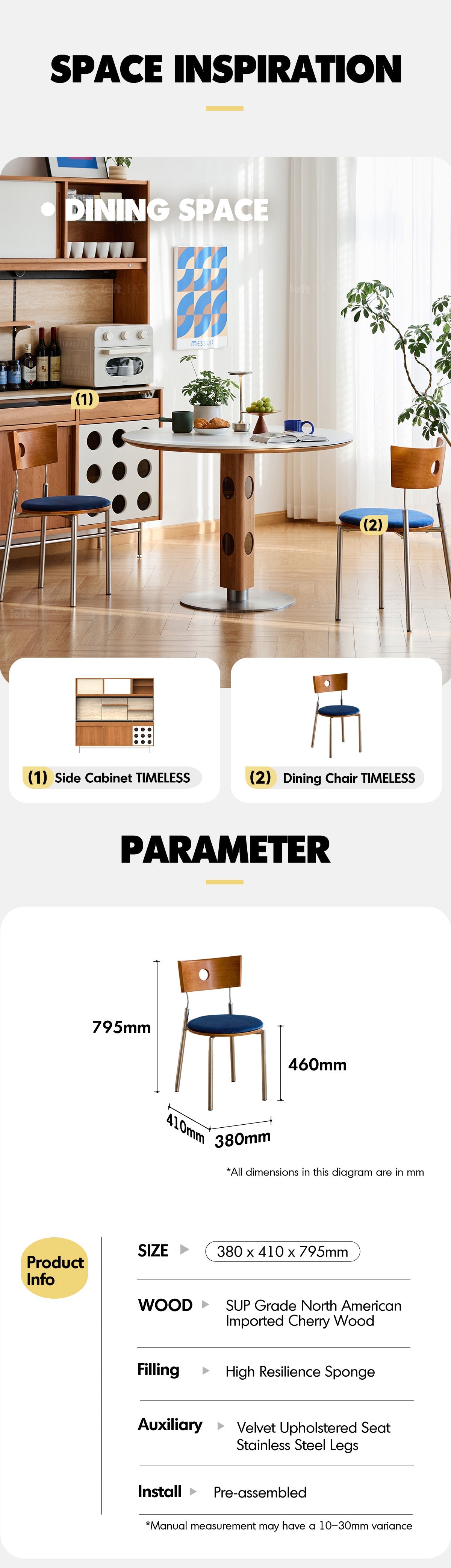 Bauhaus Cherry Wood Mix Weave Fabric Dining Chair TIMELESS More Details and Instruction_5