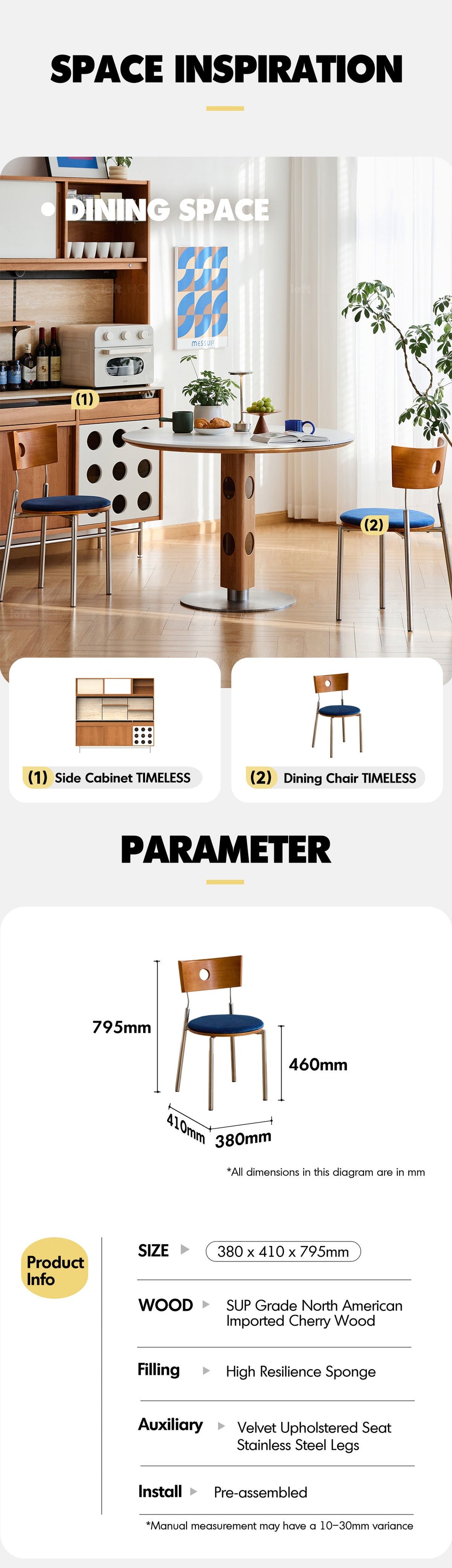 Bauhaus Cherry Wood Mix Weave Fabric Dining Chair TIMELESS More Details and Instruction_5