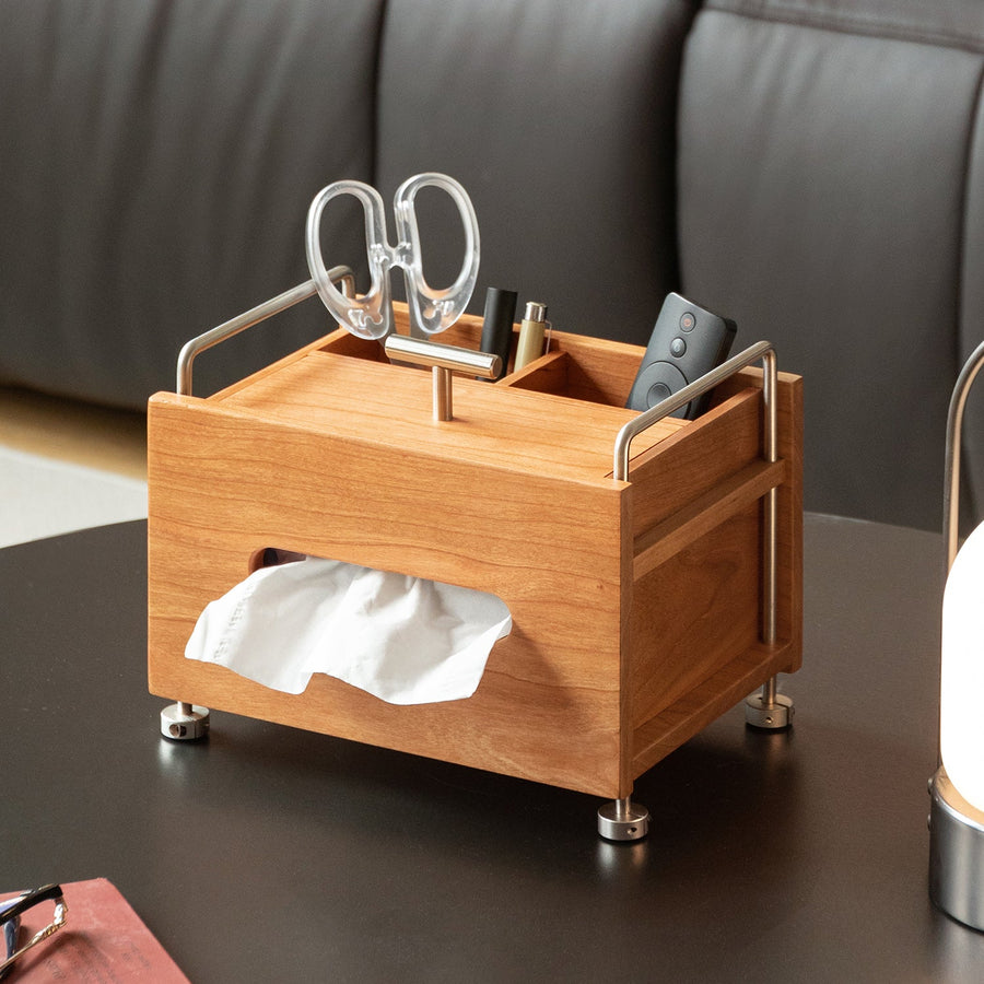 Scandinavian cherry wood tissue box sort primary product view.