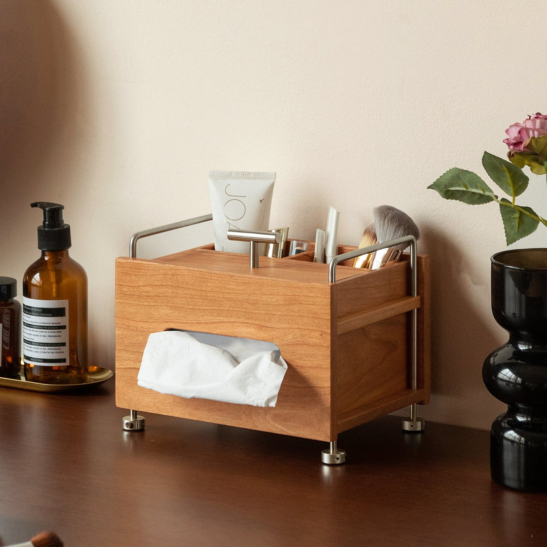 Scandinavian cherry wood tissue box sort with context.