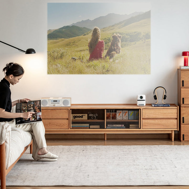 Scandinavian cherry wood tv console vista primary product view.
