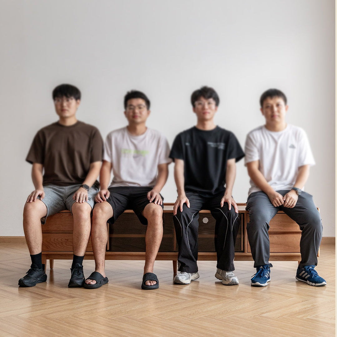 Scandinavian cherry wood tv console vista in panoramic view.