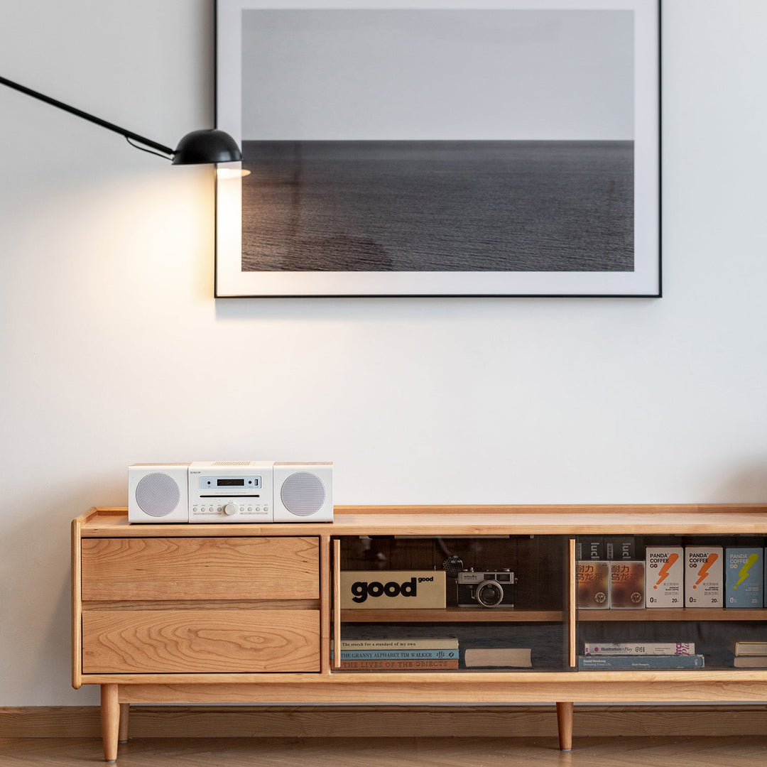 Scandinavian cherry wood tv console vista color swatches.