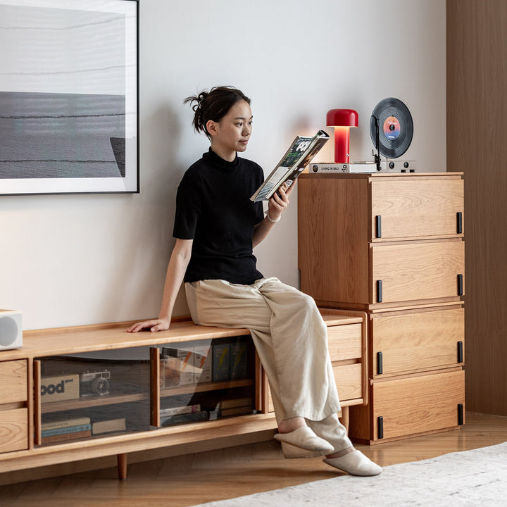 Scandinavian cherry wood tv console vista in real life style.