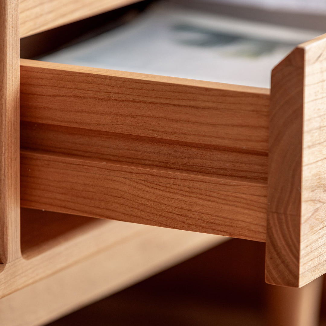 Scandinavian cherry wood tv console vista in details.