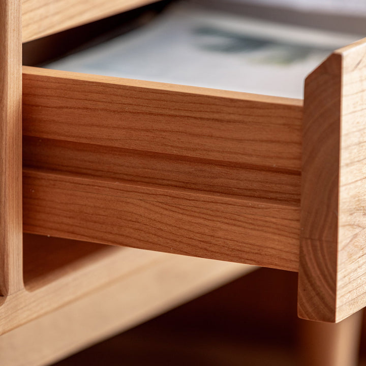 Scandinavian cherry wood tv console vista in details.
