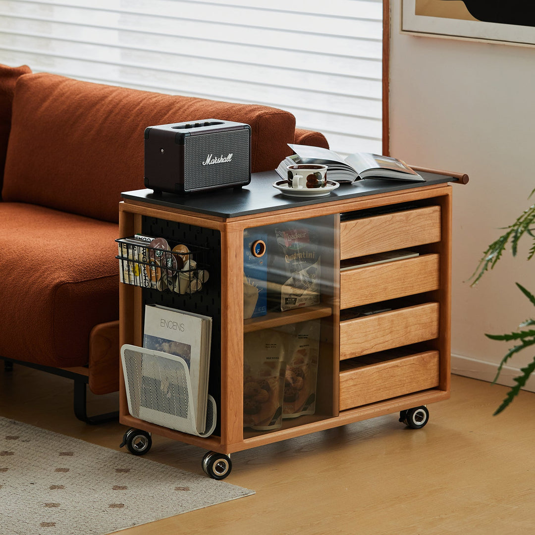 Scandinavian Cherry Wood Wheeled Trolley Side Table BUS