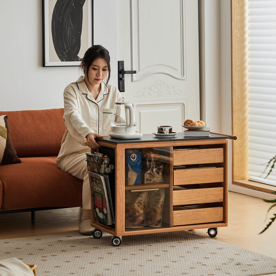 Scandinavian Cherry Wood Wheeled Trolley Side Table BUS