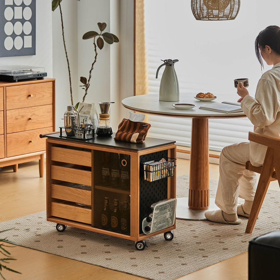 Scandinavian Cherry Wood Wheeled Trolley Side Table BUS