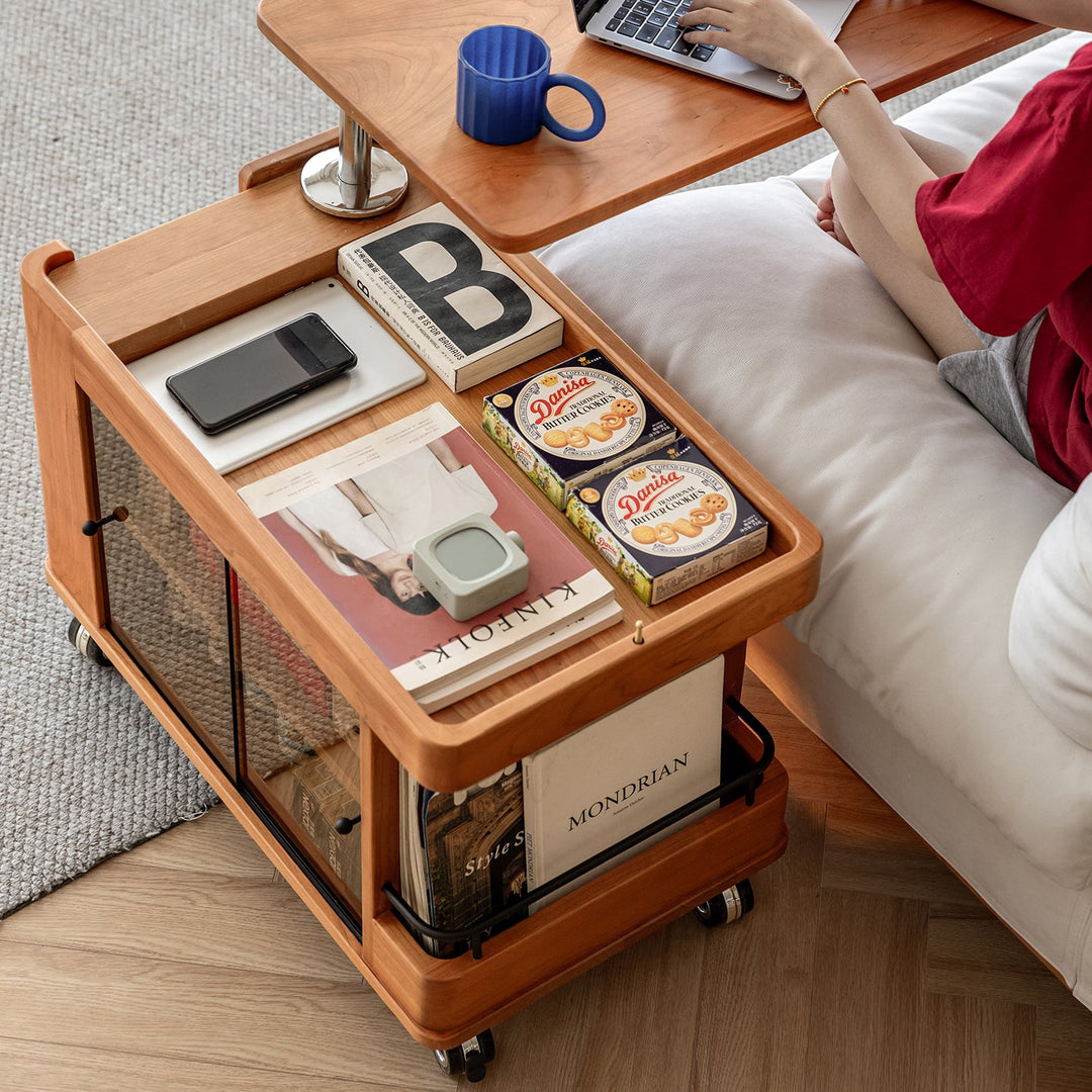 Scandinavian Cherry Wood Wheeled Trolley Side Table DRIFT