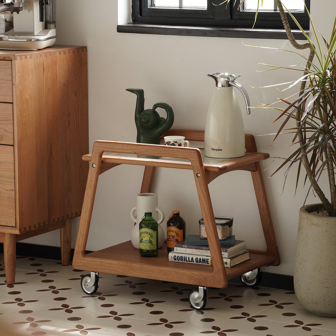 Scandinavian cherry wood wheeled trolley side table yoyo primary product view.
