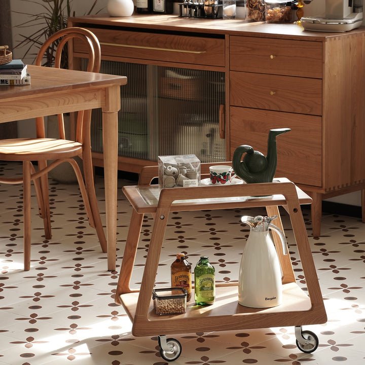 Scandinavian cherry wood wheeled trolley side table yoyo in details.