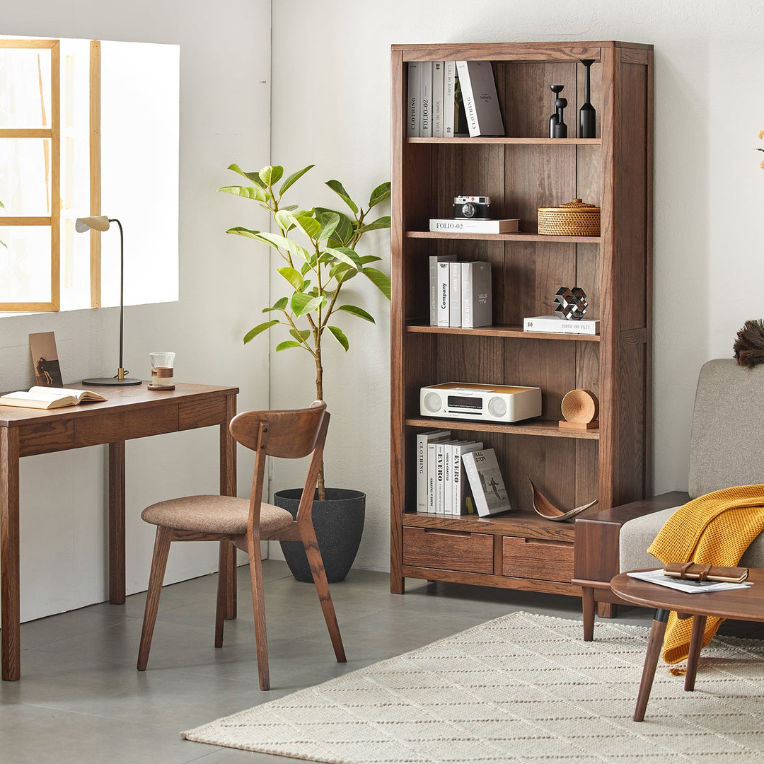 Scandinavian oak wood bookshelf norway in panoramic view.