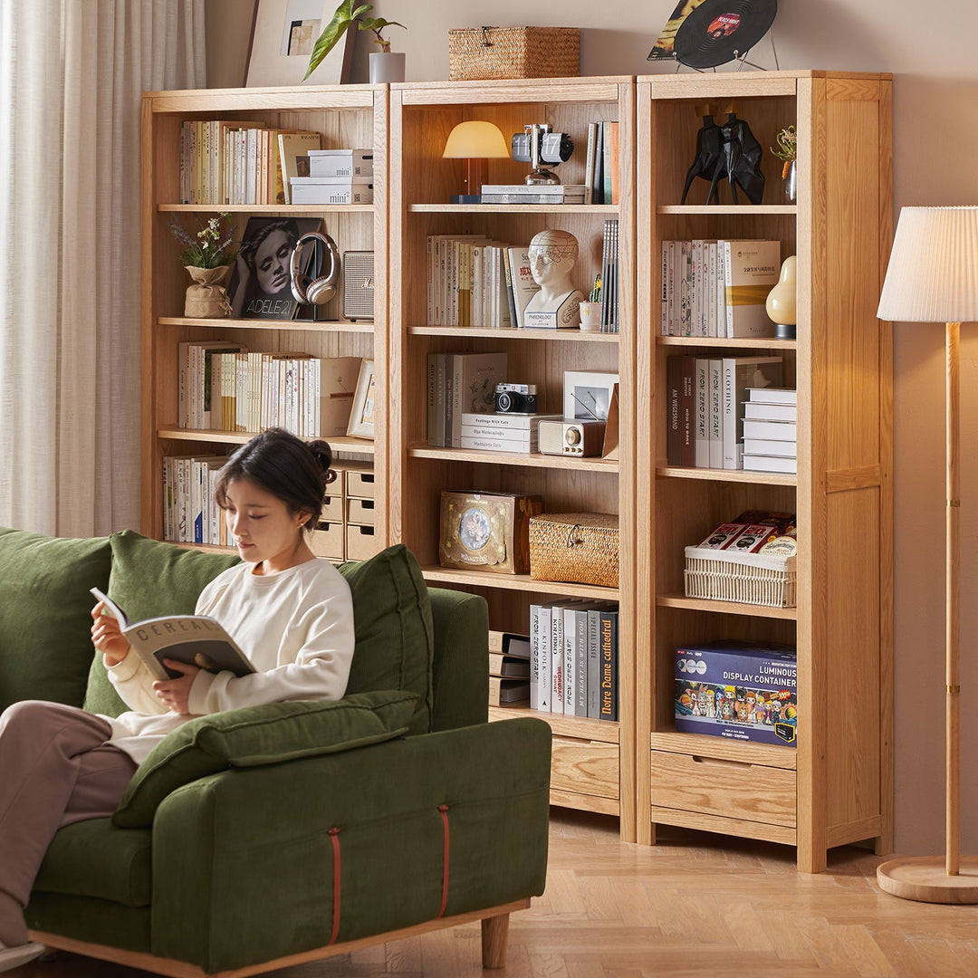 Scandinavian oak wood bookshelf norway material variants.