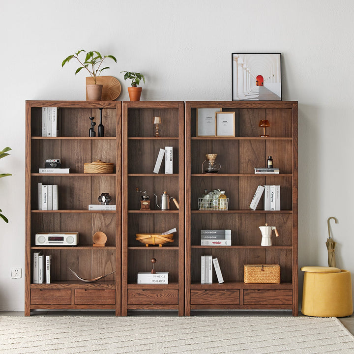 Scandinavian oak wood bookshelf norway in close up details.