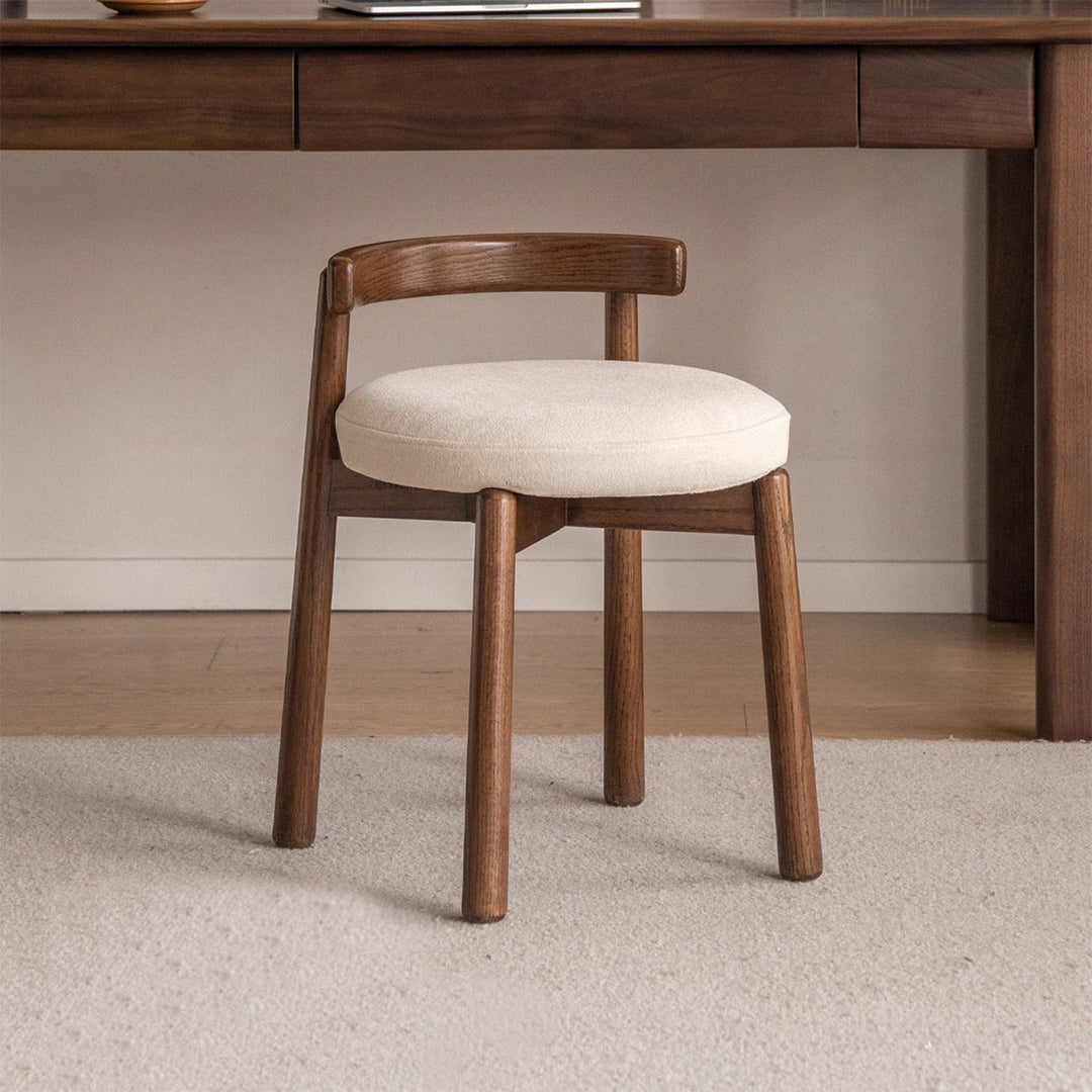 Scandinavian oak wood boucle fabric dressing chair turni material variants.