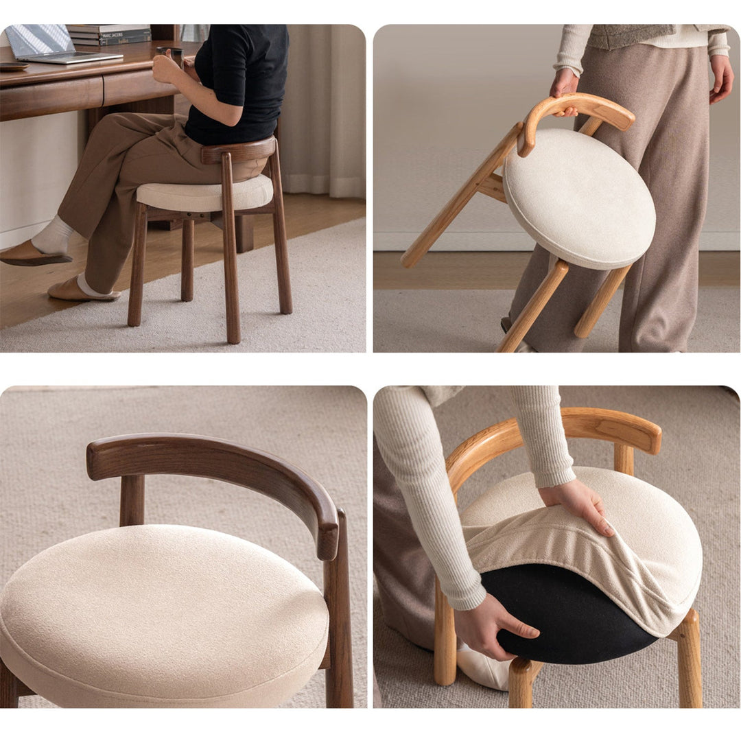 Scandinavian oak wood boucle fabric dressing chair turni with context.