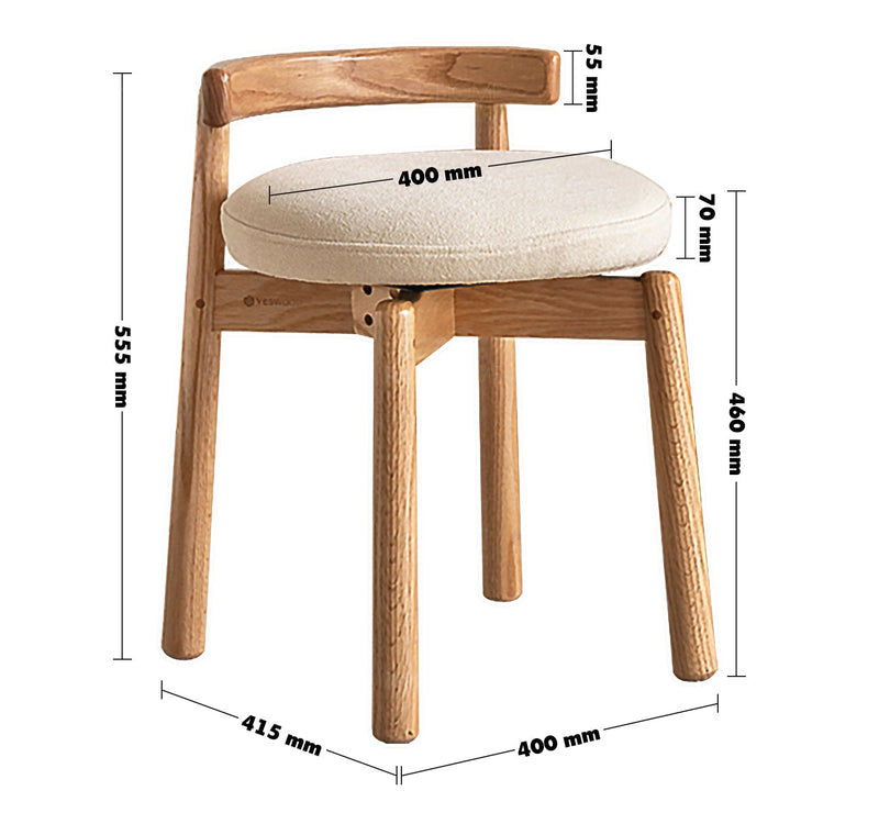 Scandinavian Oak Wood Boucle Fabric Dressing Chair TURNI Size Chart