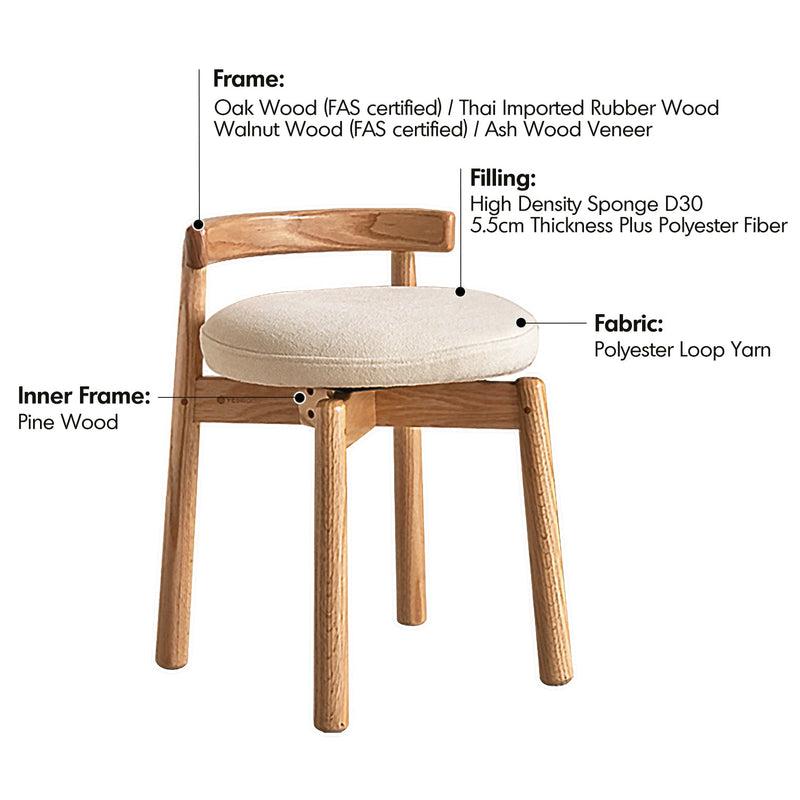 Scandinavian Oak Wood Boucle Fabric Dressing Chair TURNI Material Details Chart