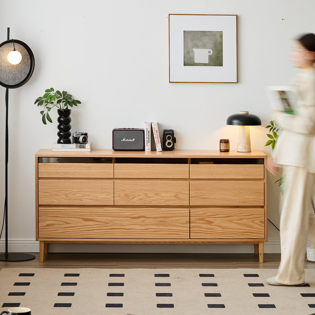 Scandinavian oak wood chest of 8 drawers floating light primary product view.