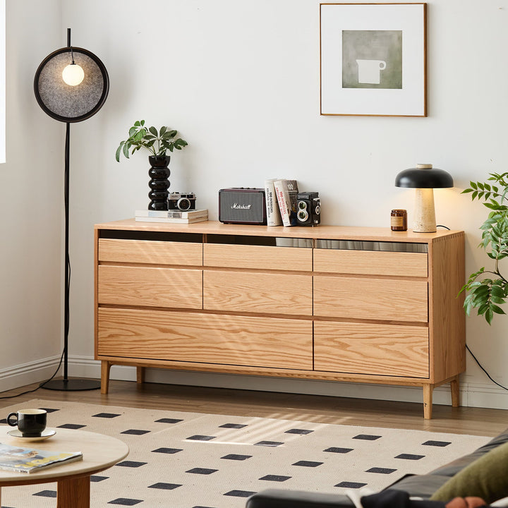 Scandinavian oak wood chest of 8 drawers floating light size charts.