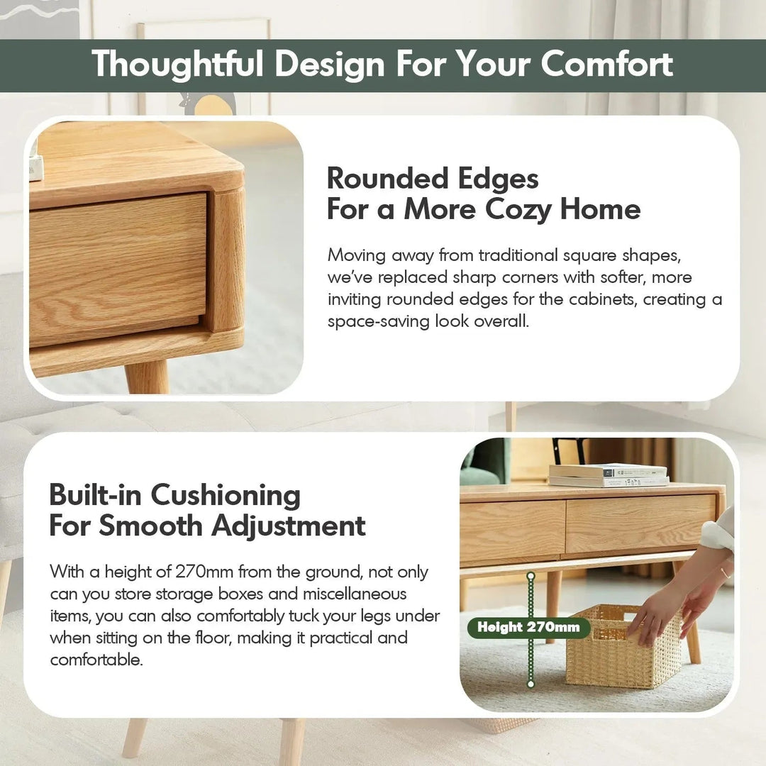 Scandinavian oak wood coffee table rosetta in close up details.