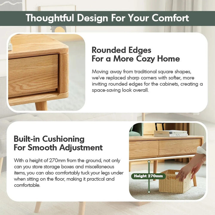 Scandinavian oak wood coffee table rosetta in close up details.