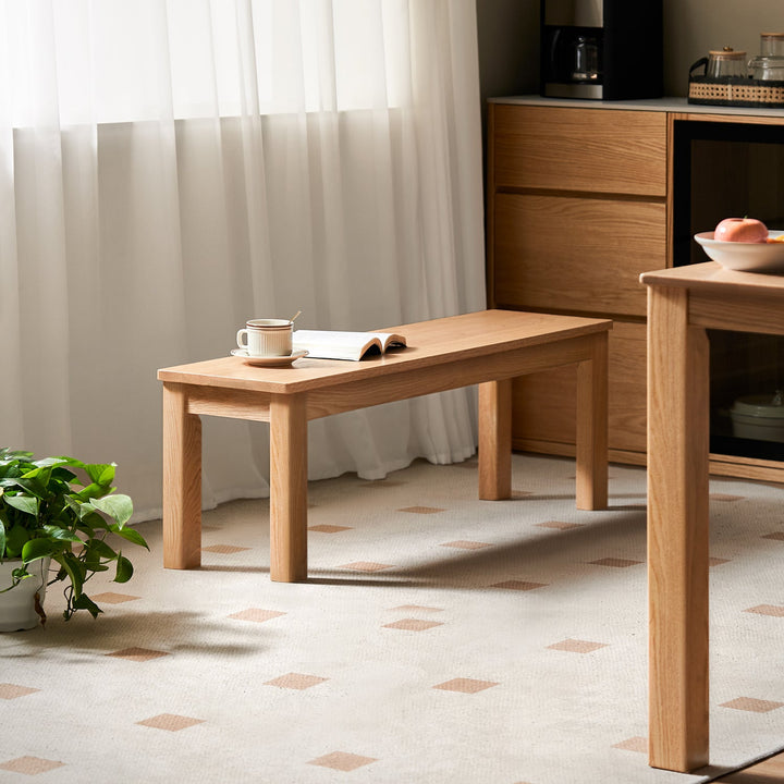 Scandinavian oak wood dining bench jamo in close up details.