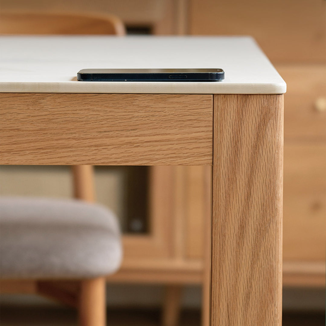 Scandinavian oak wood dining table elm in panoramic view.