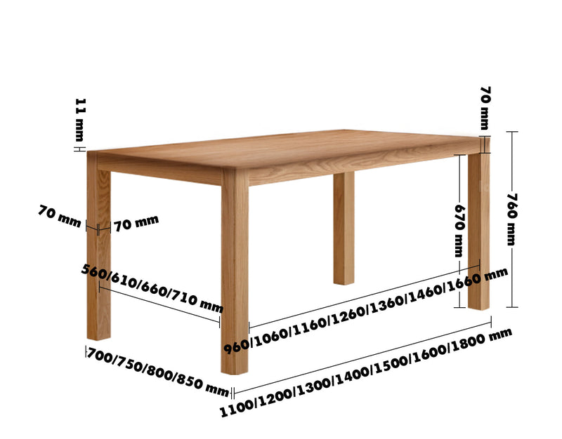 dimension detail diagram of Scandinavian Oak Wood Dining Table ELM
