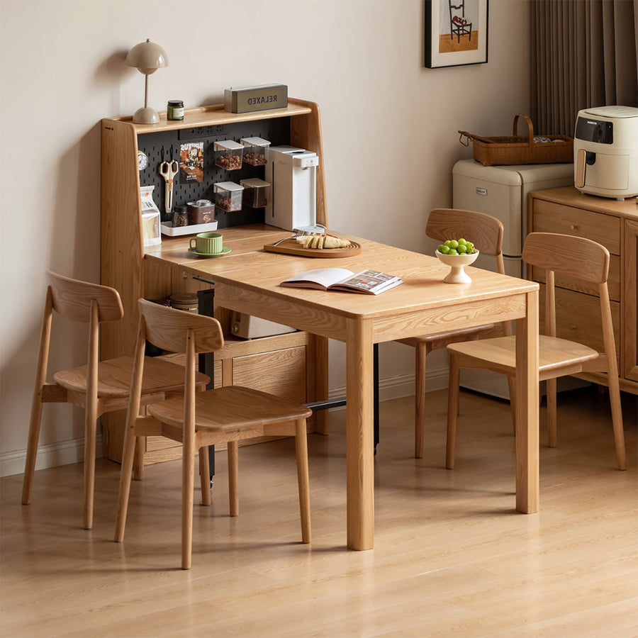 Scandinavian oak wood extendable dining table with shelf nest primary product view.