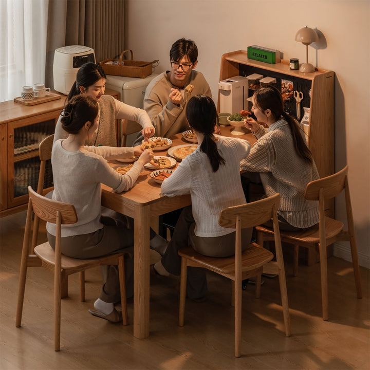 Scandinavian oak wood extendable dining table with shelf nest material variants.