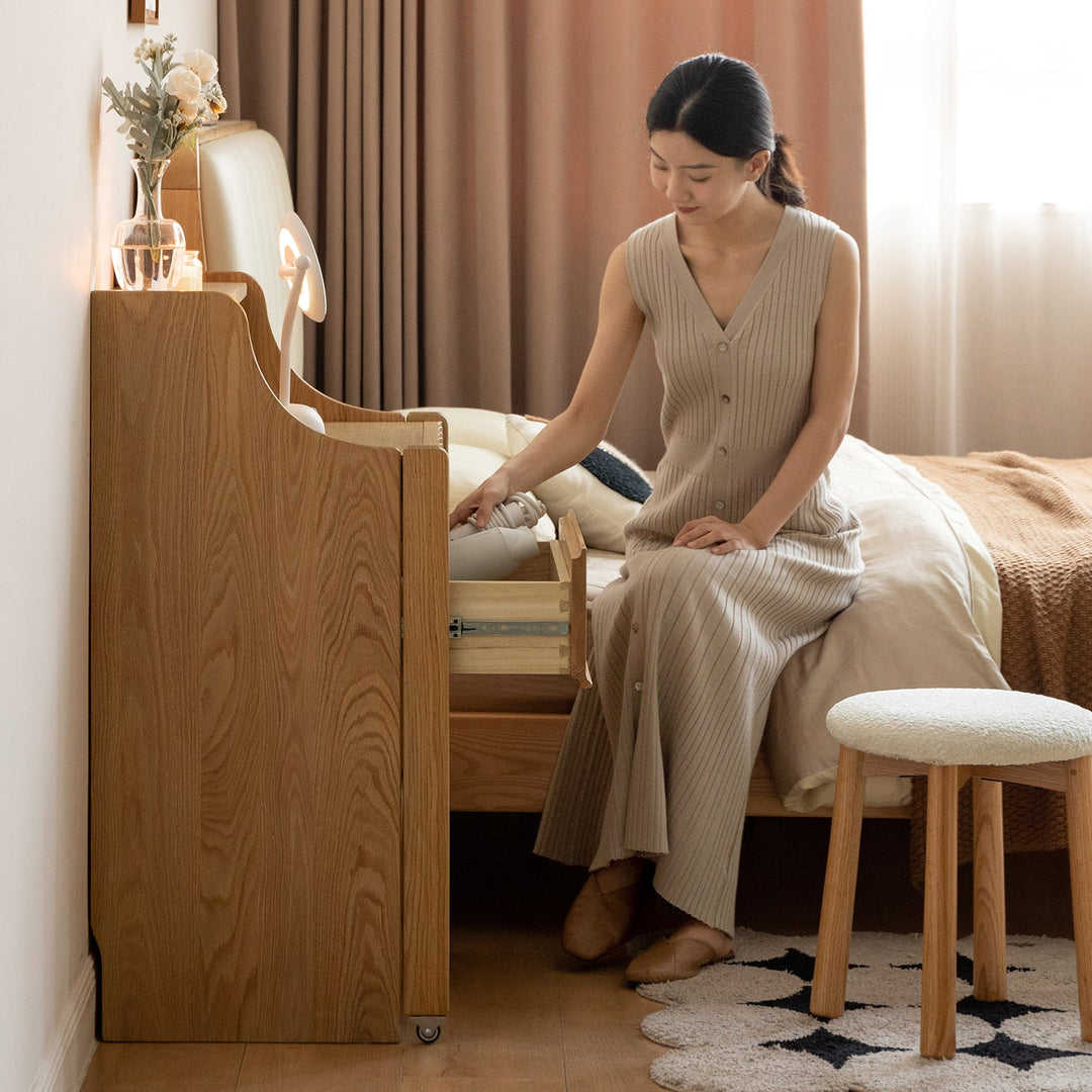 Scandinavian oak wood extendable dressing table magicbox in close up details.