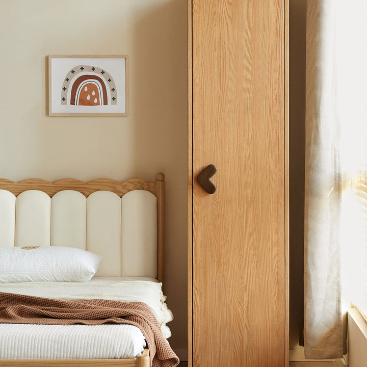Scandinavian oak wood kids wardrobe cookie size charts.