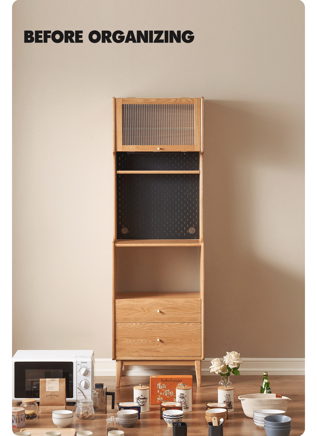 Scandinavian oak wood kitchen cabinet hemu with context.
