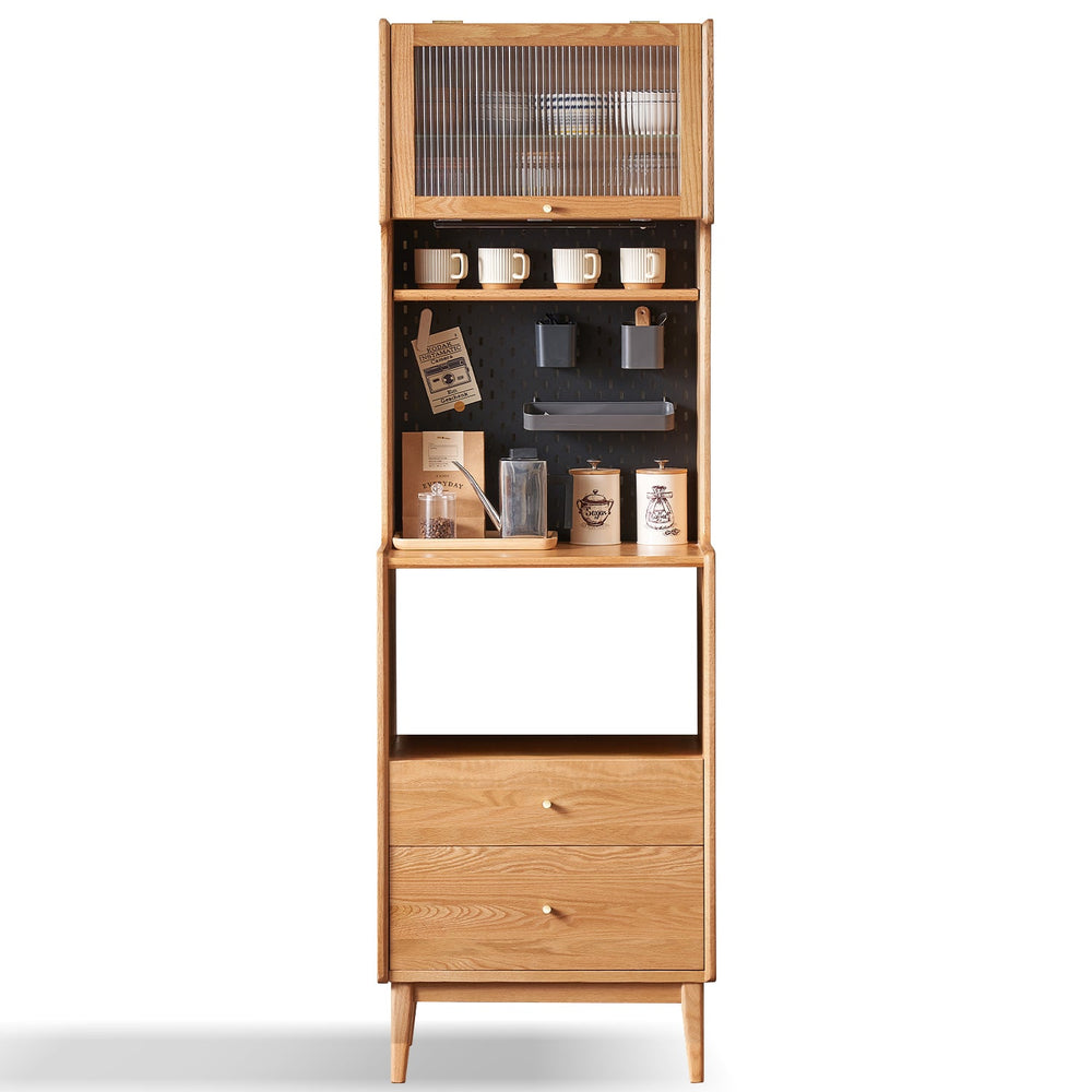 Scandinavian oak wood kitchen cabinet hemu in white background.