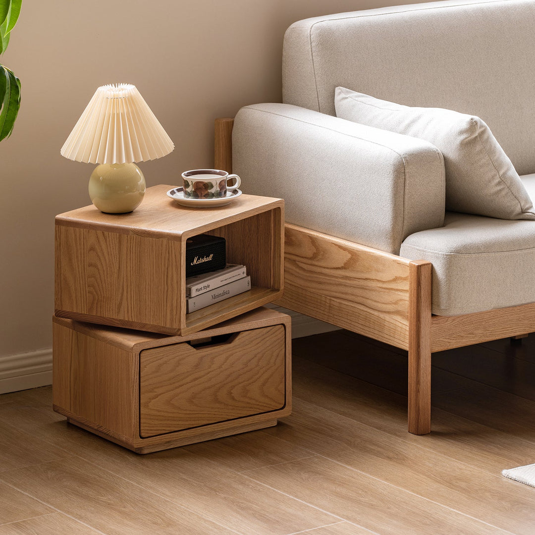 Scandinavian oak wood revolving side table twist primary product view.