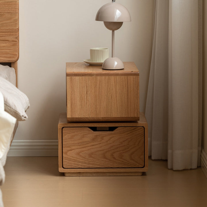 Scandinavian oak wood revolving side table twist in panoramic view.